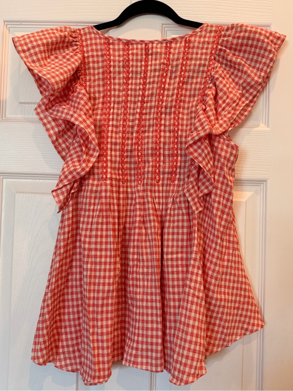 NWT Max Studio red and white gingham embroidery ruffle sleeves blouse in size L
